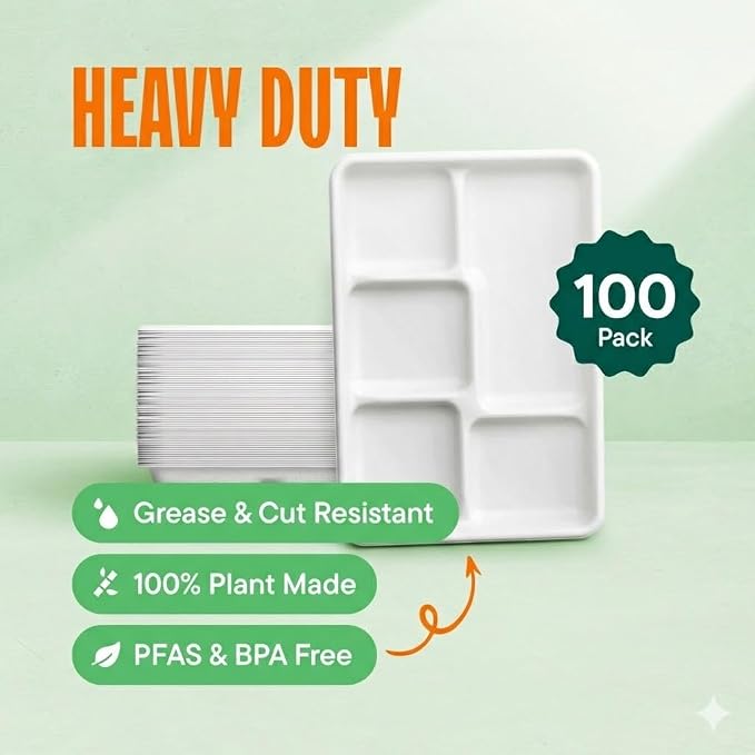 100% Compostable, Large 5 Compartment, Disposable Tray - Image 2