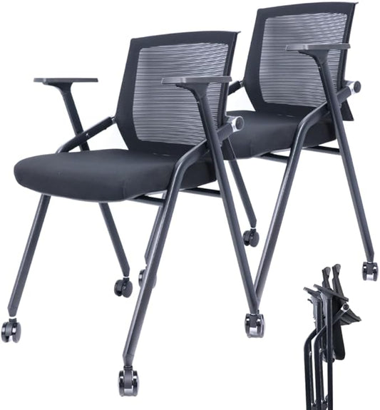 2 Pack Stackable Conference Room Chairs with Paddle Folding Office Foldable Desk Chair Mesh Back and Arms for Conference Meeting Guest Reception Home Office Training Room Chair Black-DeskLoop Office
