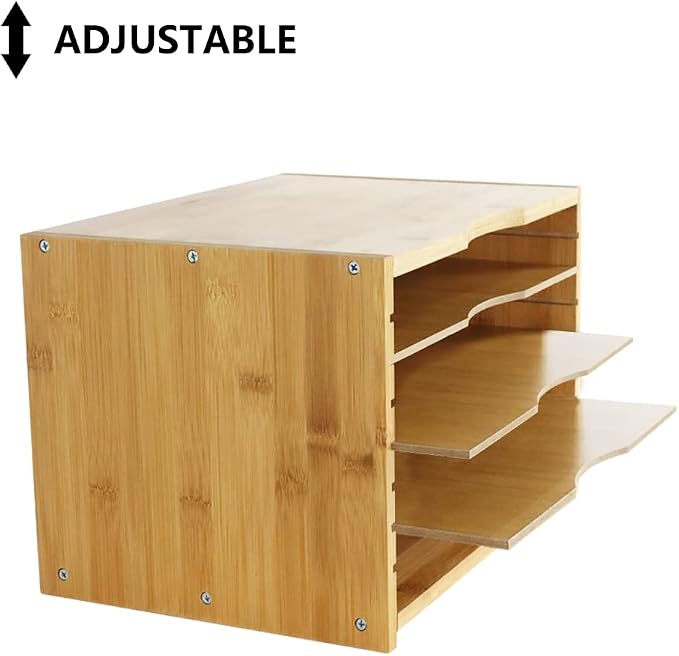WKWKER File Organizer with 3 Adjustable Shelves Bamboo Document Letter Tray - Image 4