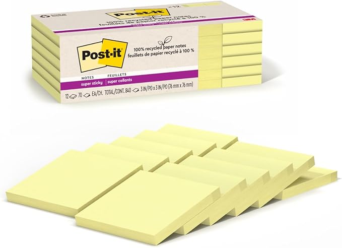 Post-it 100% Recycled Super Sticky Notes, 3 x 3 in, Canary Yellow, 12 Pads by Unknown