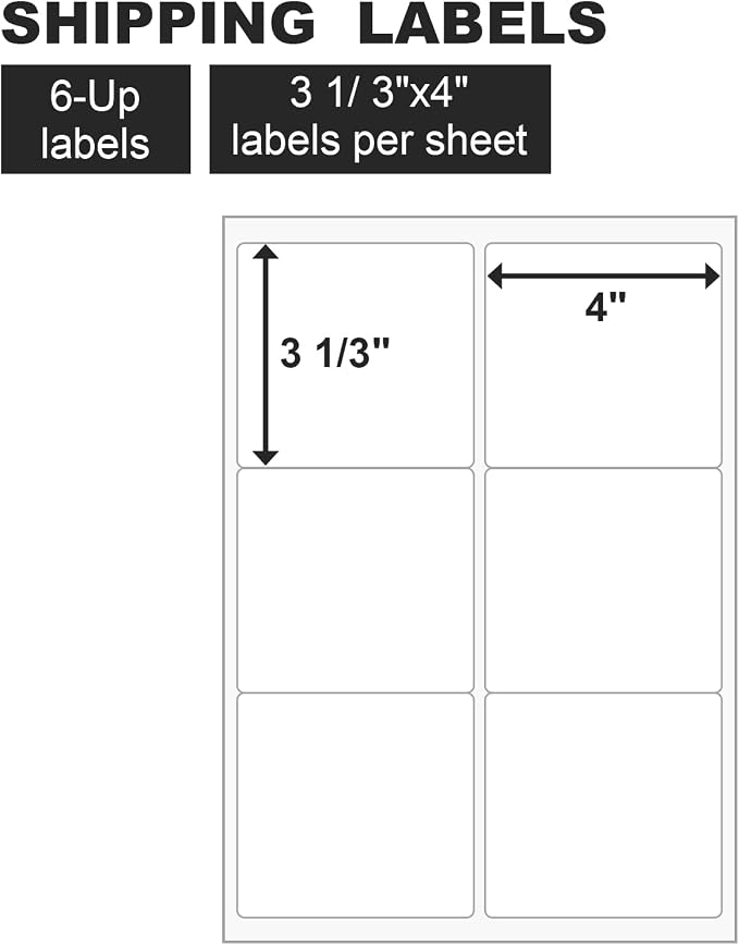 Shipping Labels 3 1/3"x4" Printable White 6 up Labels - Image 2