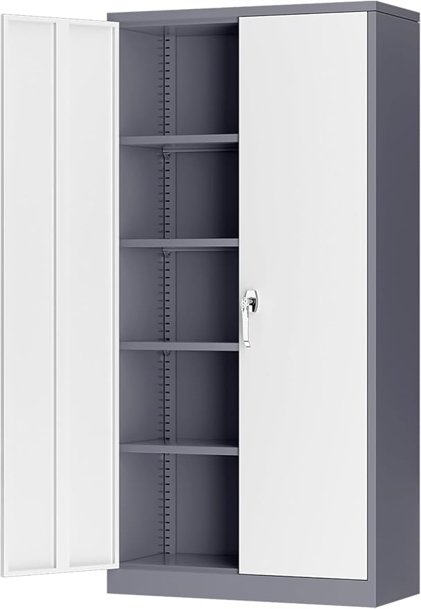 INTERGREAT Storage Cabinets with Doors and Shelves, 72“ Steel Tool Locking Cabinet, Metal Storage Cabinet for Home Office, Warehouse, School, Grey White-DeskLoop Office