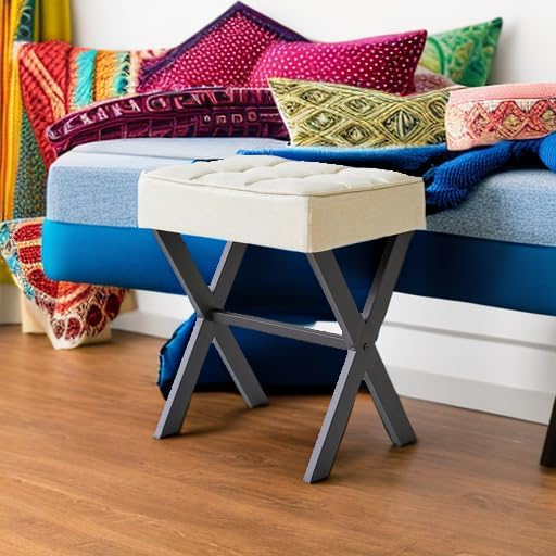 IBUYKE Square Makeup Stool with X-Leg Foot Rest, Linen Footrest, Ottoman Seat, Multi-Use as Small Side Table, for Bedroom, Living Room, Linen LG-70Y-DeskLoop Office