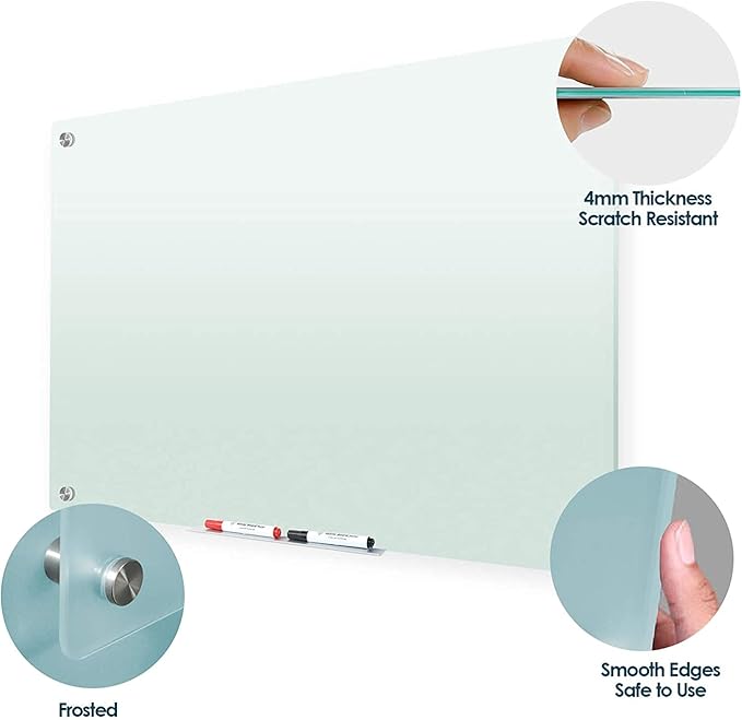 J&J worldwide Glass Whiteboard 47 x 35, Frosted Glass Dry Erase Board Non-Magnetic, Semi-Transparent, Includes Markers, Marker Tray, Eraser for Wall, Office, Home, School-DeskLoop Office