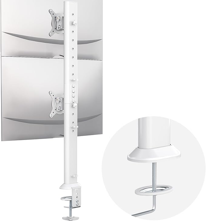 Dual Monitor Articulating Desk Mount Arm Stand - Vertical Stack Screen Supports Two 13 to 34 Inch Computer Monitors with C Clamp White-DeskLoop Office