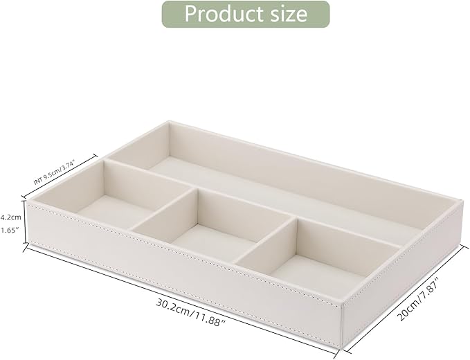 KINGFOM PU Leather Desk Drawer Organizer, 4 Compartment Office Supplies Stationery Storage Tray, Desk Organizers and Accessories Drawer Organizer Tray for Home, Makeup, Jewelry Stackable White-DeskLoop Office