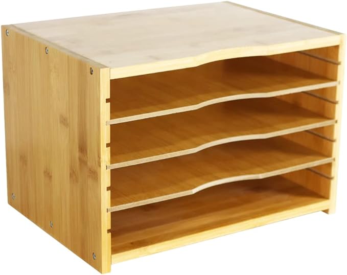 WKWKER File Organizer with 3 Adjustable Shelves Bamboo Document Letter Tray by WKWKER