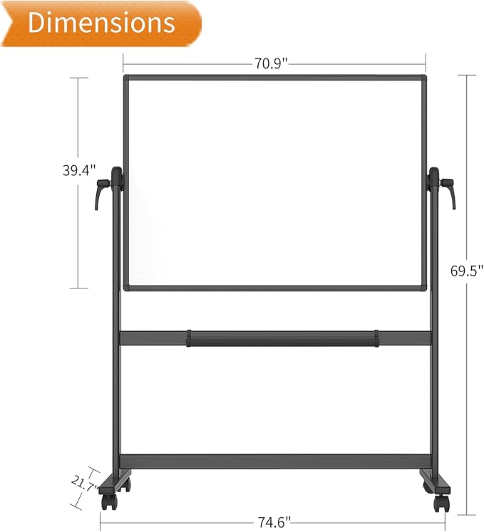 VIZ-PRO Double-Sided Magnetic Mobile Whiteboard, 72 x 40 Inches, Rolling Dry - Image 2