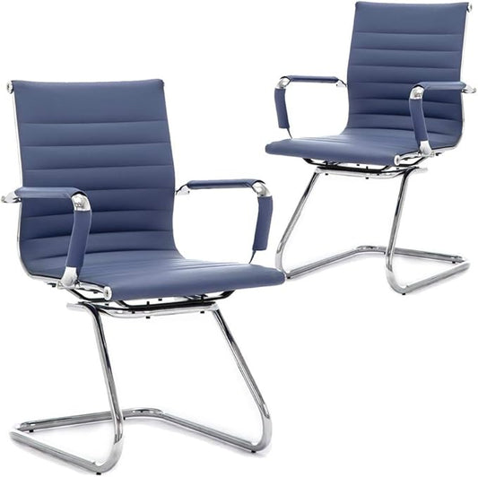Reception Chairs Leather Conference Guest Chair Heavy Duty Back Support Office Chair, Set of 2 (Navy)-DeskLoop Office