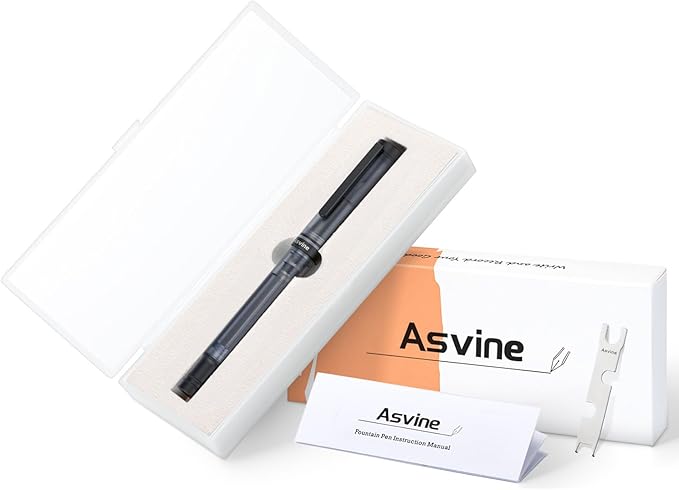 Asvine V200 Titanium Fountain Pen Vacuum Filling, Matte Black Bock Broad Nib Transparent Acrylic Smooth Writing Pen Case Set