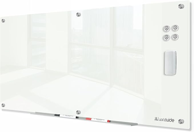 J&J worldwide Glass Dry Erase Board 6' x 3', Glass Whiteboard Magnetic, Large Frameless Glass White Boards for Walls, Includes Magnets, Marker Tray, Eraser for Office, Home, School-DeskLoop Office