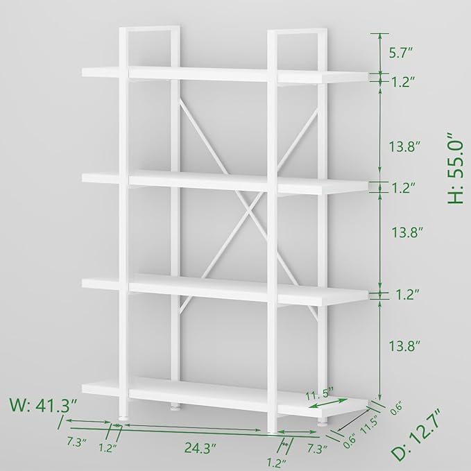HSH 4 Tier White Bookshelf, Modern 4 Shelf Etagere Bookcase, Industrial Wood and Metal Storage Shelves and Display Book Rack, Farmhouse Open Wide Book Shelf for Bedroom Living Room Office, White Oak-DeskLoop Office
