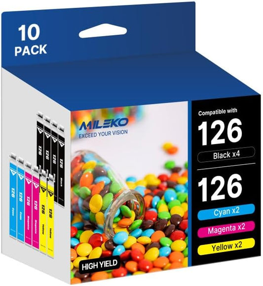 126 Ink Cartridges Remanufactured Replacement for Epson 126 Ink Cartridges for Epson 126 T126 Ink use for Epson Workforce WF-3520 WF-3540 WF-7010 435 545 645 845 60 Stylus NX430 (10 Pack，126 Ink)-DeskLoop Office