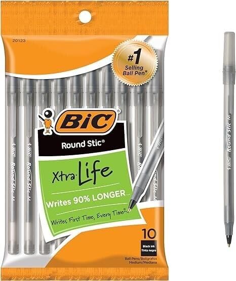 BIC Round Stic Xtra Life Black Ballpoint Pens, Medium Point, 10-Count Pack of by BIC
