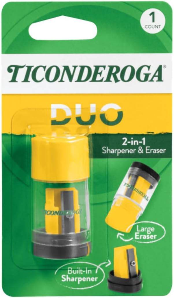 Ticonderoga Duo 2-in-1 Sharpener & Eraser, 2.125" x 1.125" x 1", School Class by Ticonderoga