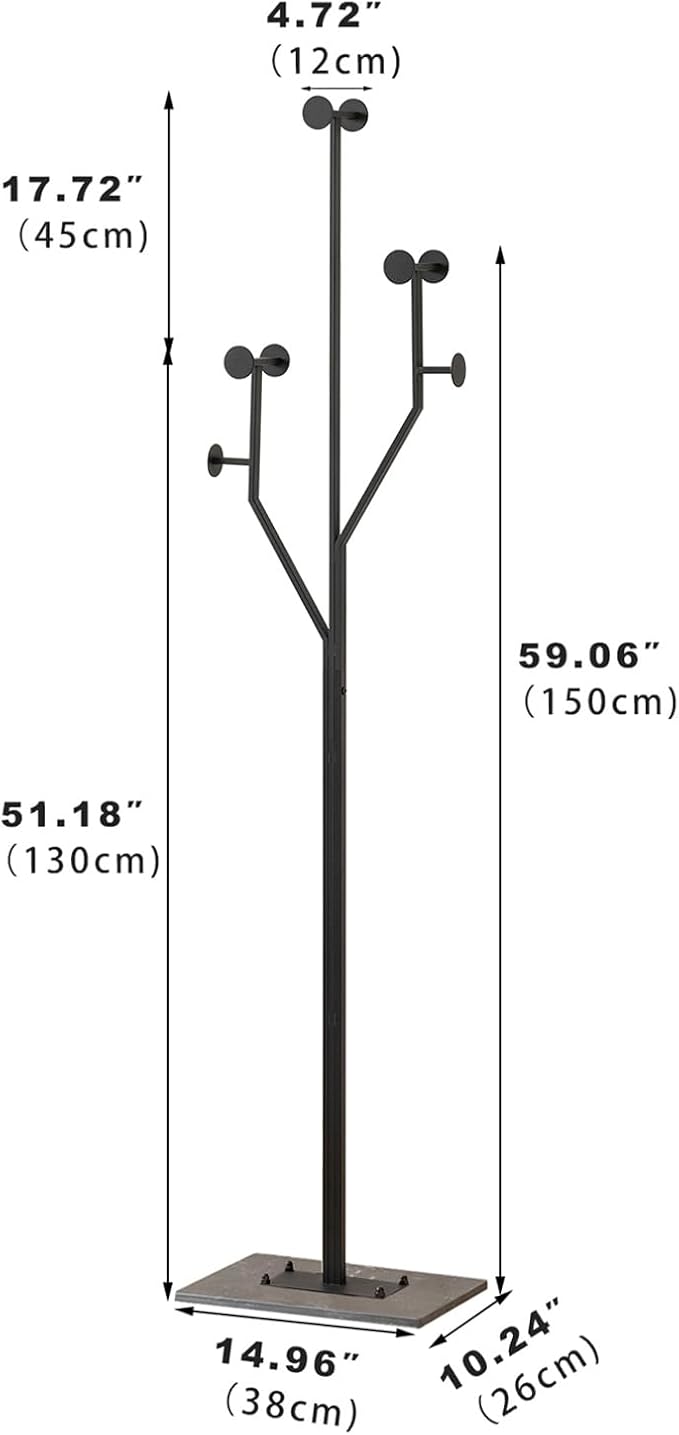 Freestanding Coat Rack Tree-shaped Metal Coat Tree with Heavy Duty Marble Base Corner Clothing Rack for Bedroom Entryway Hallway 14.96 x 10.24 x 68.9 Inches (Black)-DeskLoop Office