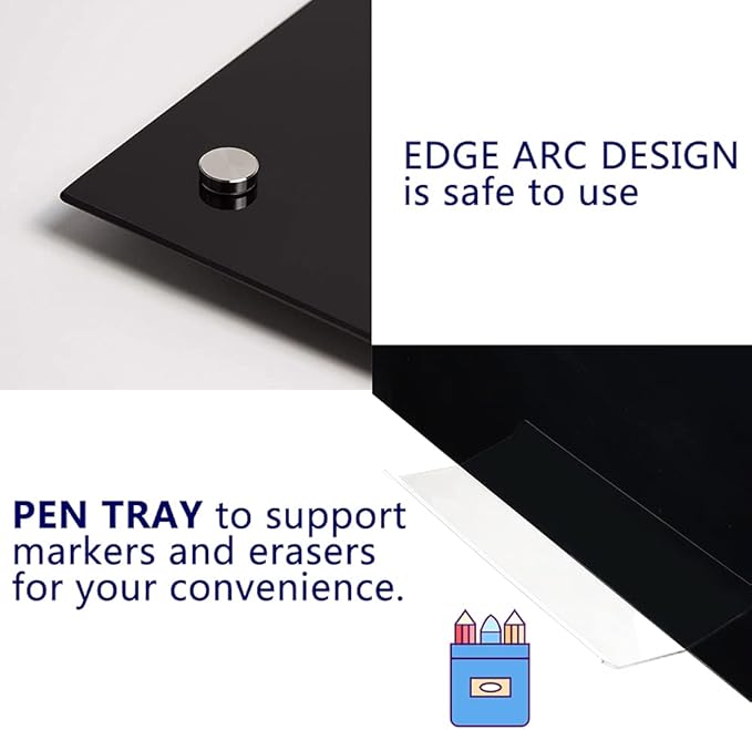 48" x 36" Magnetic Black Glass Board - Frameless Tempered Glass Dry Erase Blackboard with Marker Tray & Eraser, Premium Interactive Whiteboard- Frosted Surface for Office, Classroom, or Home-DeskLoop Office