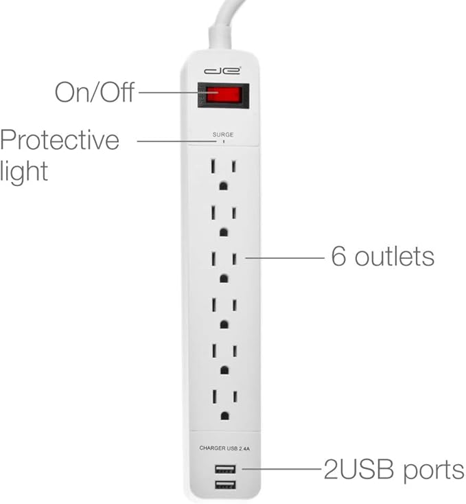 Digital Energy 6-Outlet + 2 USB 1050 Joule Surge Protector Power Strip with 25-Ft Long Extension Cord, White, UL Listed-DeskLoop Office