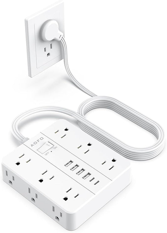 10FT Surge Protector Power Strip,12 AC Outlets with 6 USB Ports (2 USB-C), Flat Plug Extension Cord with Multiple Outlets, Wall Mount for Home Office,Dorm,White-DeskLoop Office