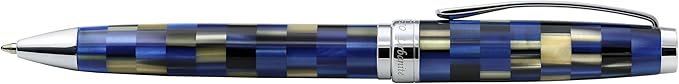Xezo Urbanite Ballpoint Pen, Medium Point. Retro Blue, Black, and Cream Checkered Acrylic on Brass and Aluminium. Chrome Plated. Limited Edition and Serialized. No Two Alike-DeskLoop Office