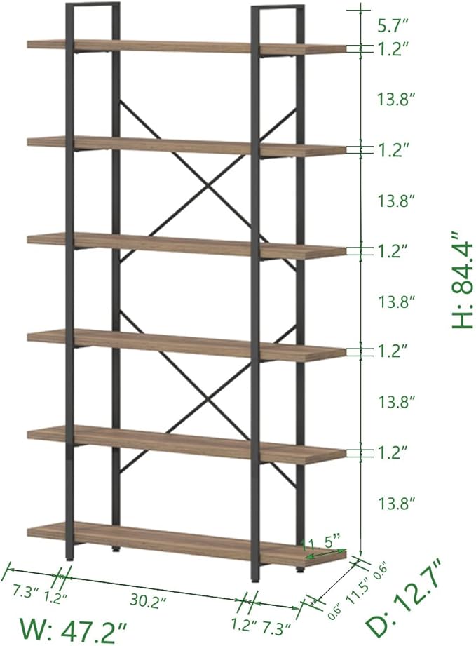 HSH Tall Bookcases and Book Shelves 6 Shelf, Metal Wooden Book Shelf and Storage Rack, Modern Etagere 6 Tier Bookshelf, Farmhouse Large Display Bookshelves for Bedroom Living Room Office, Rustic Oak-DeskLoop Office