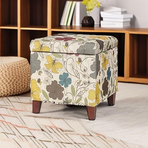Adeco 18 Inch High Cube Ottoman Storage, Floral Printed Linen Chair Foot Stools, Upholstered Vanity Stool with Hinged Lid, Solid Wood Legs-DeskLoop Office