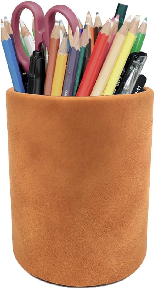 Leather Pen Holder, Light Brown Pencil Holder, Desktop Elegant Pen Holder by Fosinz