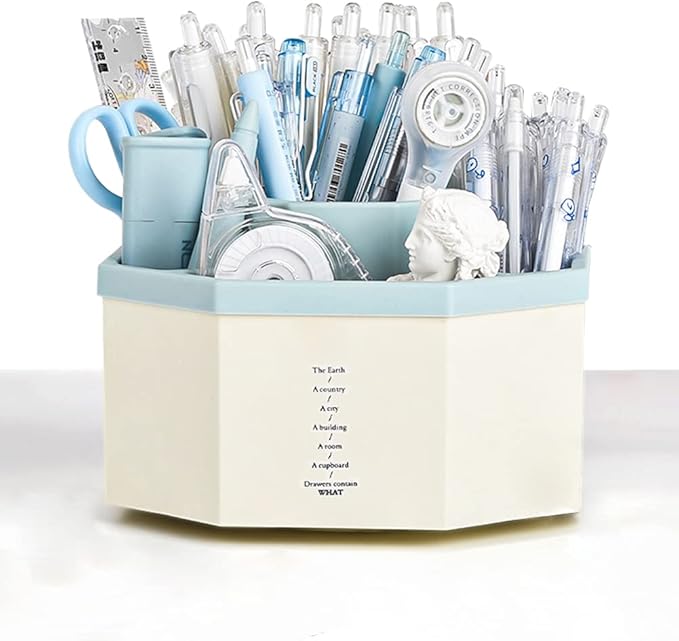 Desk Organizer, 360-Degree Rotating Multi-Functional Pen Holder, 5 Compartments Desktop Stationary Organizer, Home Office Art Supply Storage Box Caddy (White+Blue)-DeskLoop Office