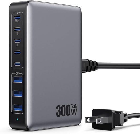USB C Charger 300W USB C Charger Block, 8-Ports GaN IV Fast Charging Station Hub, Dual PD 100W Laptop Charger Adapter,for MacBook Pro/Air/iPad/iPhone16/15/14/Apple Watch/DELL/Samsung for Home Office-DeskLoop Office