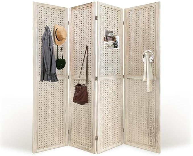 Room Divider, 5.6FT Folding Room Divider Panel, 4 Panel Pegboard Display Wood Partition Wall Divider for Room Separation& Craft Shows, Natural Wood-DeskLoop Office