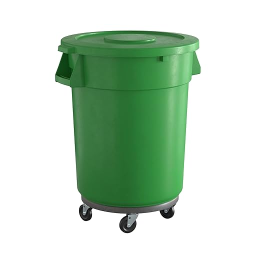 32 Gallon Green Round Commercial Trash Can with Lid and Dolly-DeskLoop Office