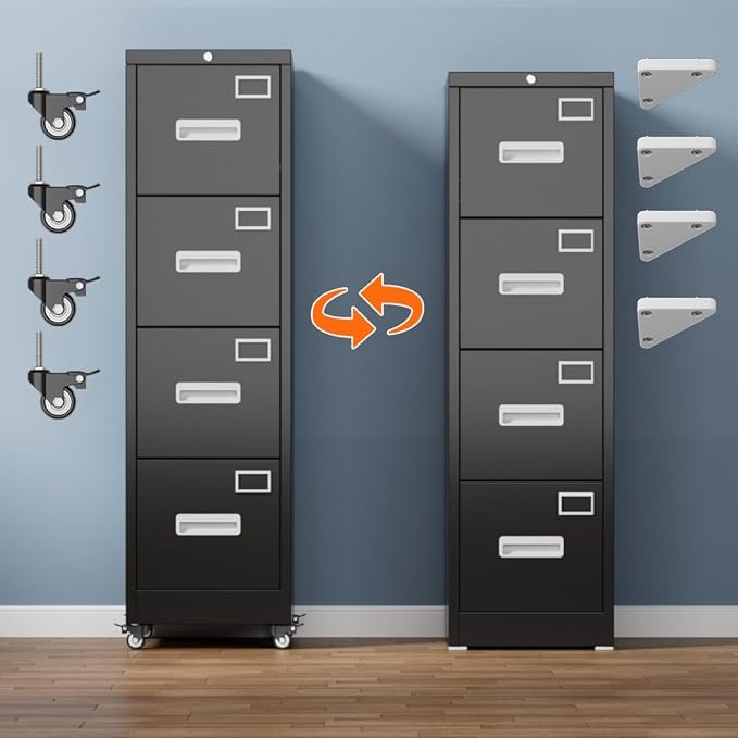 Aobabo 56" H 4 Drawer Moblie File Cabinet with Lock, Metal File Cabinet for Home Office with Wheels, Storage Legal/Letter A4 Size, Black, Assembly Required-DeskLoop Office