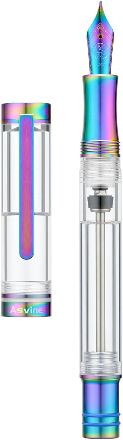 Asvine V200 Titanium Fountain Pen Vacuum Filling, Rainbow Iridium Extra Fine Nib Clear Demonstrator Acrylic with Pen Case and Wrench