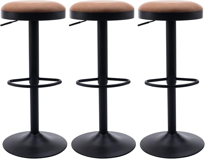 Round Swivel Counter Height Bar Stools Set of 3 Modern Adjustable Barstools Backless PU Leather Bar Chairs Industrial Island Chairs with Metal Base/Footrest for Kitchen Island/Pub/Bar, Brown-DeskLoop Office