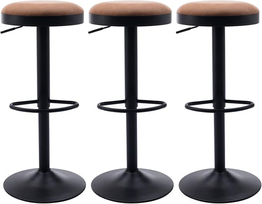 Round Swivel Counter Height Bar Stools Set of 3 Modern Adjustable Barstools Backless PU Leather Bar Chairs Industrial Island Chairs with Metal Base/Footrest for Kitchen Island/Pub/Bar, Brown-DeskLoop Office