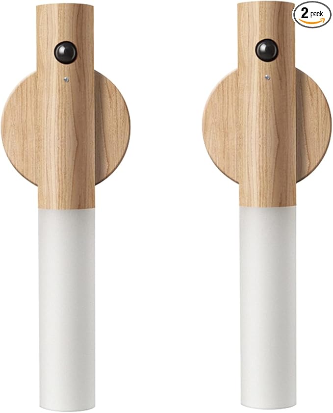 LANDGOO Wooden Motion Sensor Night Lights, Magnet Body Hallway Lamp, Rechargeable LED Wall Sconces, Portable for Stairway Bedroom, Battery Powered (White Ash Wood 2PC)-DeskLoop Office