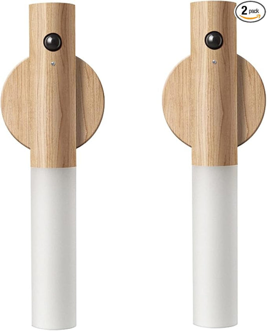 LANDGOO Wooden Motion Sensor Night Lights, Magnet Body Hallway Lamp, Rechargeable LED Wall Sconces, Portable for Stairway Bedroom, Battery Powered (White Ash Wood 2PC)-DeskLoop Office