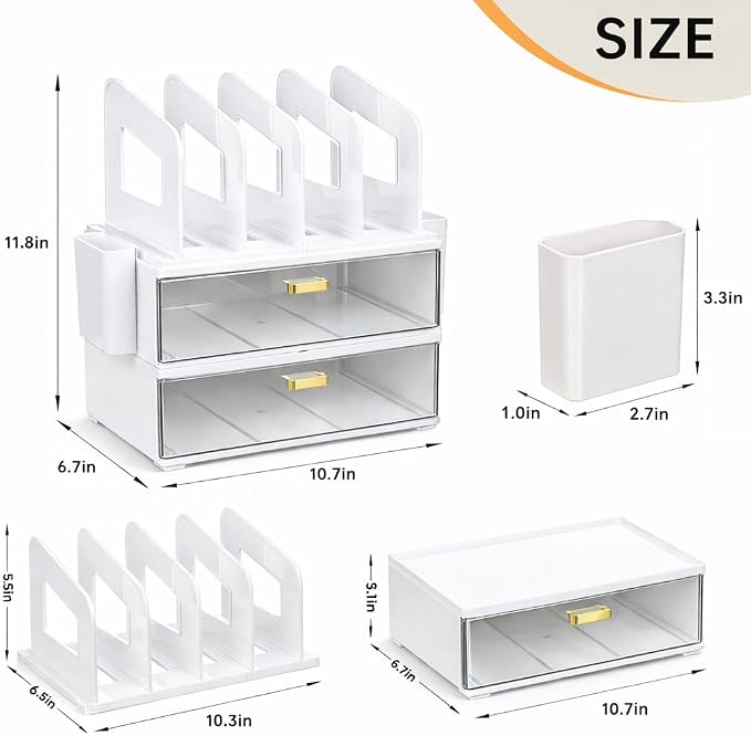 CiWiVOKi Desk Organizer with 4 File Slots and 2 Drawers, notebooks and office - Image 2
