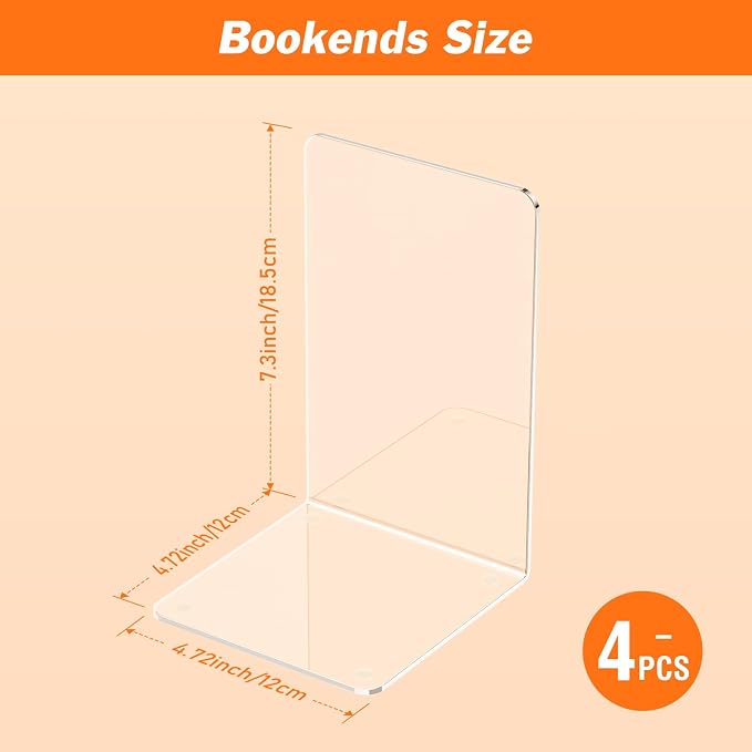 Acrylic Bookends 4 Pcs, Transparent Bookend Organizer, Book Holder Stand - Image 2
