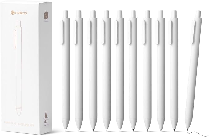 Kaco PURE White Gel Pens 0.7mm Fine Point Black Ink 10 Count, Quick Dry Smooth by Kaco