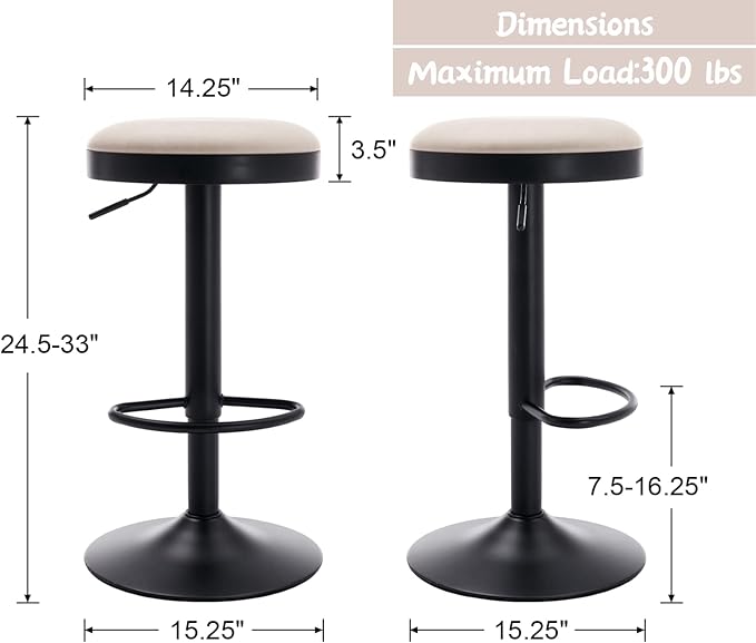 Round Swivel Counter Height Bar Stools Set of 1 Modern Adjustable Barstools Backless PU Leather Bar Chairs Industrial Island Chairs with Metal Base/Footrest for Kitchen Island/Pub, Beige-DeskLoop Office
