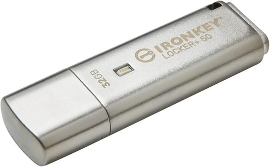 Kingston Ironkey Locker+ 50 32GB Encrypted USB Flash Drive | USB 3.2 Gen 1 | XTS-AES Protection | Multi-Password Security Options | Automatic Cloud Backup | Metal Casing | IKLP50/32GB,Silver-DeskLoop Office