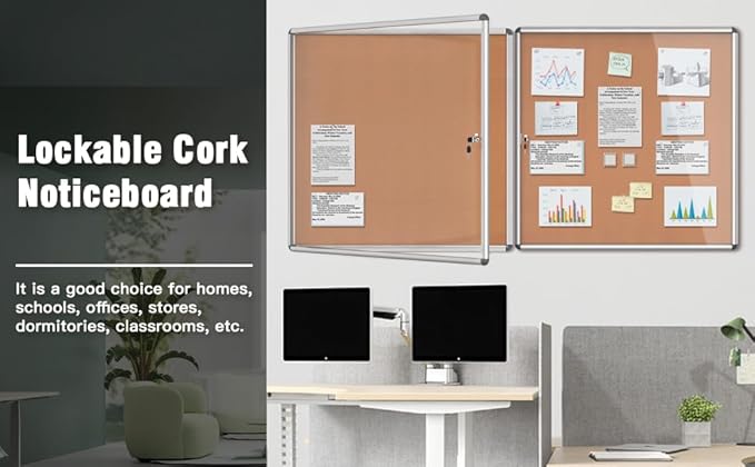 2 Pack 38"x38" Enclosed Bulletin Board, Lockable Weather-Resistant Aluminum Cork Noticeboard for School & Office, Silver Frame w/Cork-DeskLoop Office