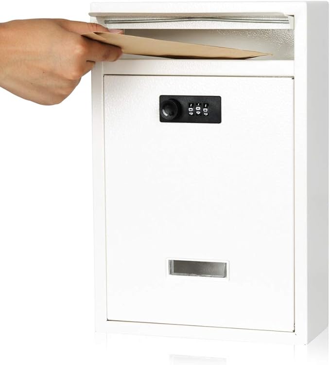 KYODOLED Locking Wall Mount Mailbox, Mail Boxes with Combination Lock for Outside, Security Drop Box with Code,12.4H x 8.54L x 3.35W Inches, White-DeskLoop Office