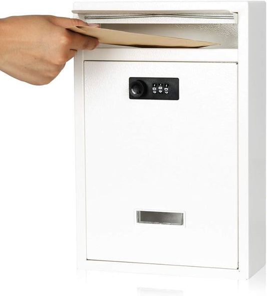 KYODOLED Locking Wall Mount Mailbox, Mail Boxes with Combination Lock for Outside, Security Drop Box with Code,12.4H x 8.54L x 3.35W Inches, White-DeskLoop Office