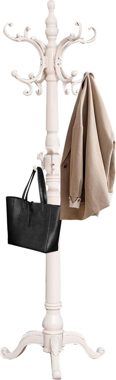 Wooden Coat Racks, Retro 78" Coat Tree with 12 Hooks & Stable Triangular Base, Entryway Coat Rack Freestanding for Hat, Clothes, Scarves, Handbags, Umbrella (Ivory)-DeskLoop Office
