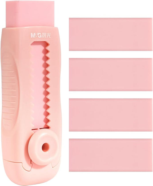 M&G 4+1 Pack Rubber Pink Erasers Sliding Retractable Eraser, Soft Cute Erasers by MG