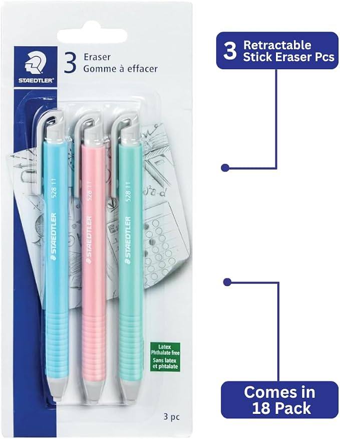 STAEDTLER Vinyl Eraser Holder 18-Pack: 3 Units Retractable Erasers - Image 3