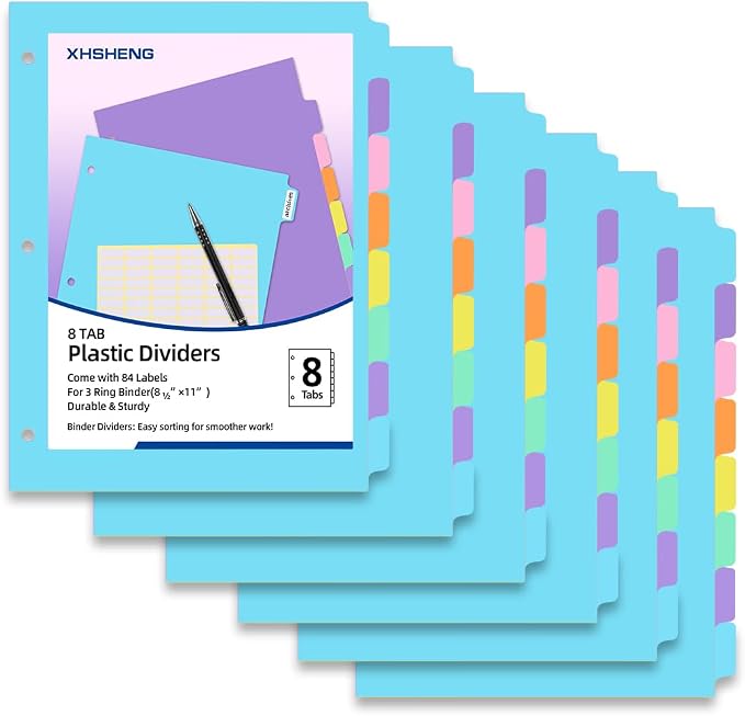 3 Ring Binder Dividers with TAB, 8 Tab 3 Hole Punch Dividers, Pastel Color by XHSHENGOFFICEPRODUCT