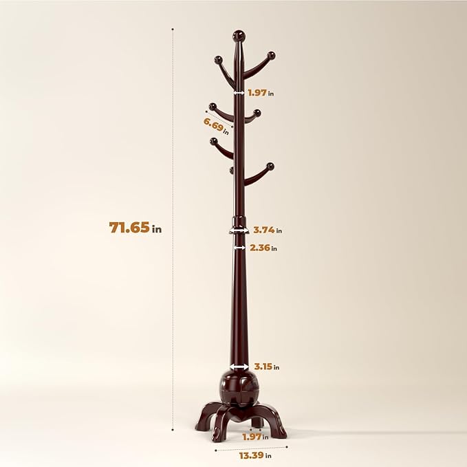Wood Coat Rack Freestanding, Solid Wooden Hall Tree with 8 Hooks, Coat Tree Freestanding Heavy Duty with Stable Base, Entryway Hallway Bedroom Office Use, 240lbs Load Capacity H:71.6in (Black-Red)-DeskLoop Office